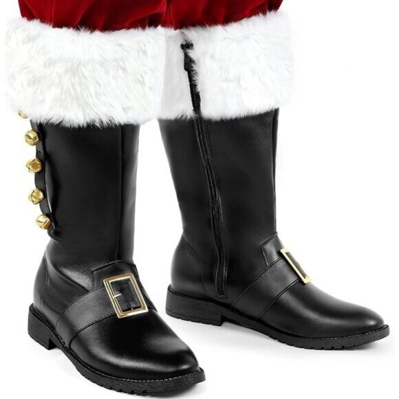 Men Black Buckle Strap and Bell Premium Faux Leather Wide Calf Santa Combat Boot main image 4